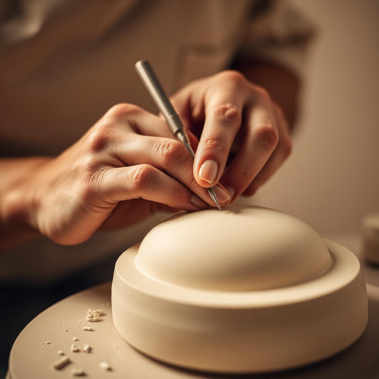 Artisan hands carefully sculpting a smooth porcelain-like surface